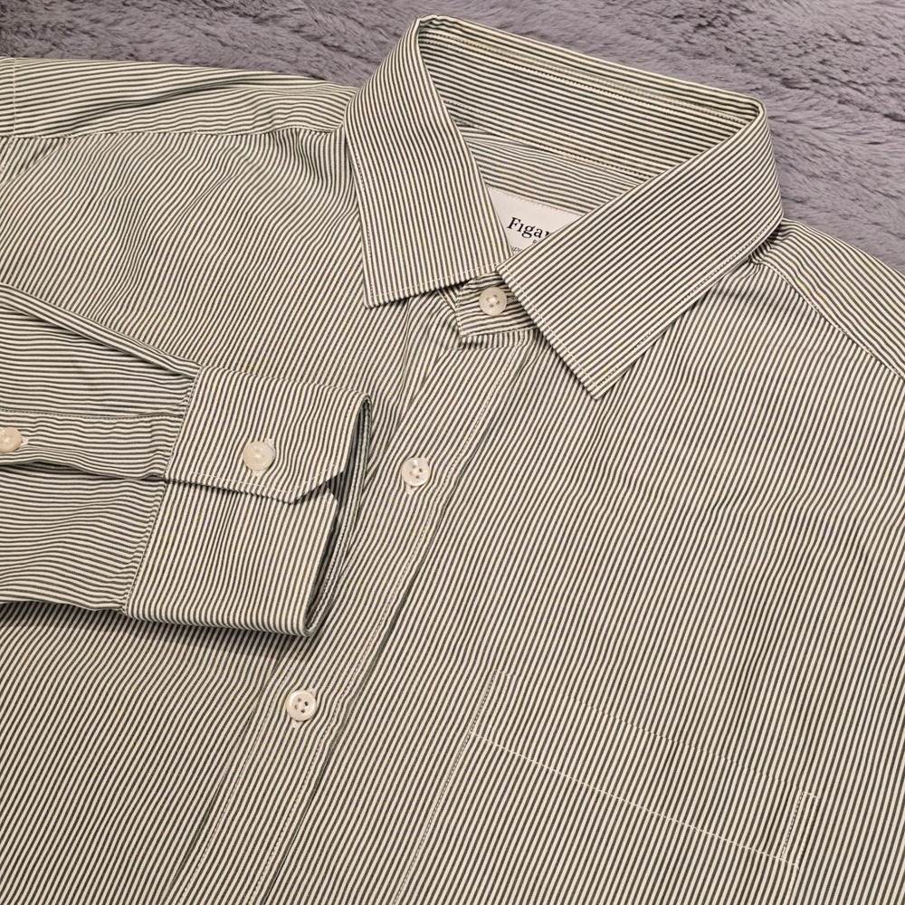 Figaret Paris Mens Green White Striped Cotton Button Down Shirt Size 39 15.5‎